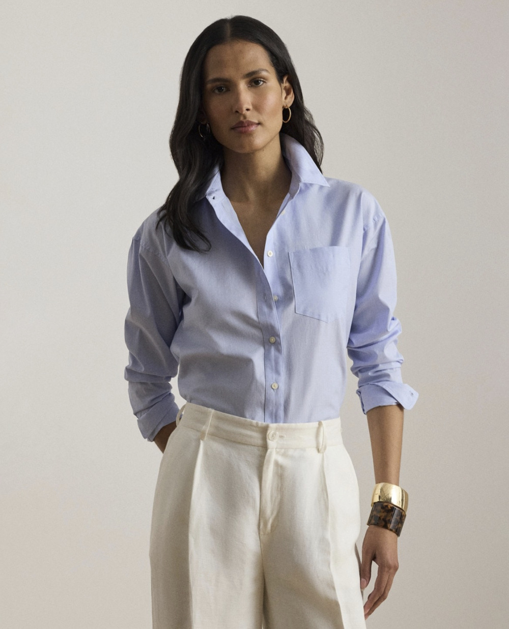 Lauren Ralph Lauren Women Spread Collar Relaxed Fit Shirt Light Sky Blue Size XL